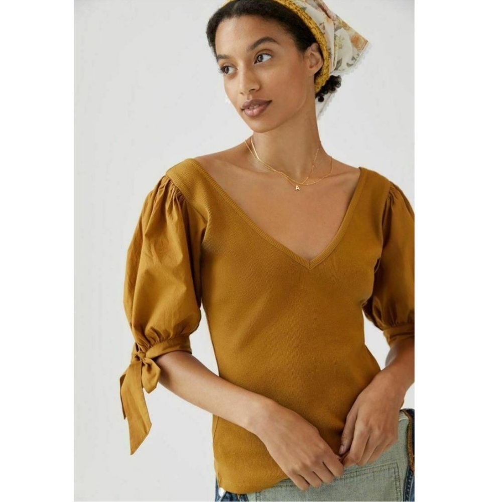 Maeve Anthropologie Meadow Rue Mustard Bows Ribbon Tied Puff-Sleeved V-Neck S